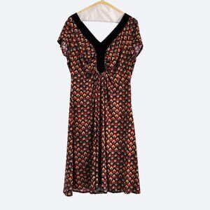 Maggy London Dress Size 14 Midi Stretch V Neck Short Sleeves Black Geometric